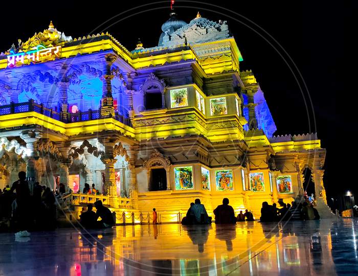 Vrindavan, India May 2021 At Night Prem Mandir ( Love Temple ) Divine Monument, At Vrindavan Mathura Uttar Pradesh India