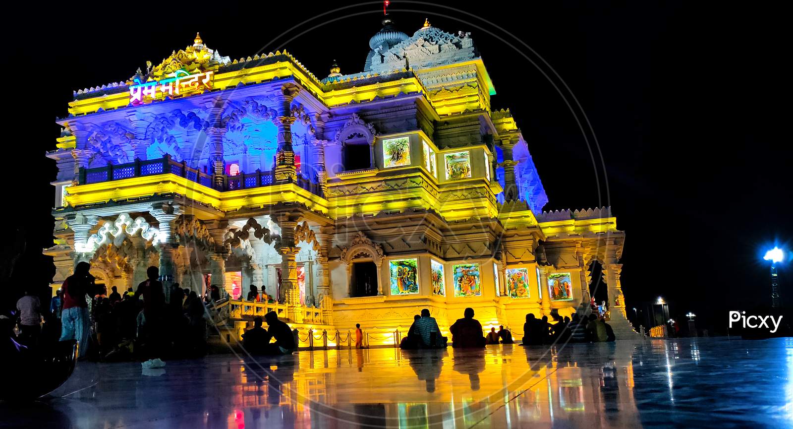 Vrindavan, India May 2021 At Night Prem Mandir ( Love Temple ) Divine Monument, At Vrindavan Mathura Uttar Pradesh India