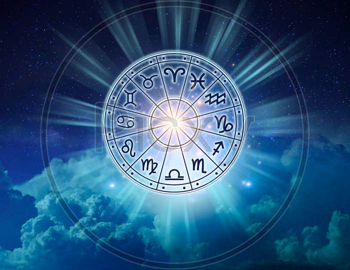 Zodiac Signs Inside Of Horoscope Circle. Astrology In The Sky With Many Stars And Moons  Astrology And Horoscopes Concept