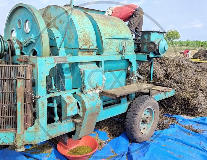a thresher machine operator cleaning machine during separating husk and moong grains.