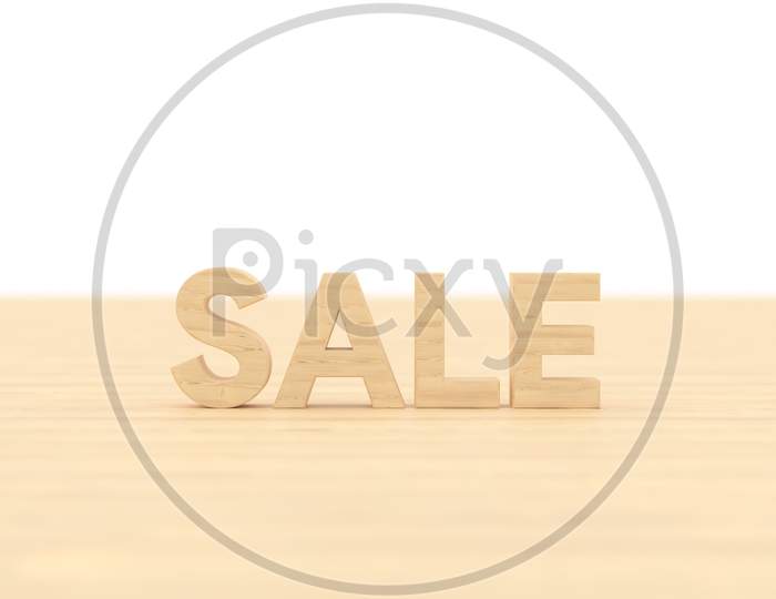 word Sale Wood Building With White Isolated Background . 3D Illustration Rendering . For Business , Card , Banner And Etc
