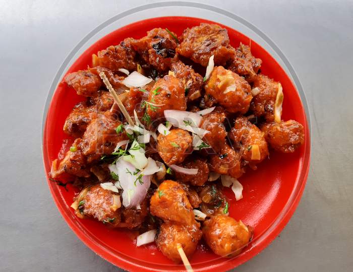 Hot And Tasty Indian Gobi Manchurian Snacks In A Plate