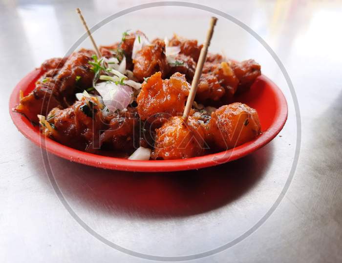 Hot And Tasty Indian Gobi Manchurian Snacks In A Plate