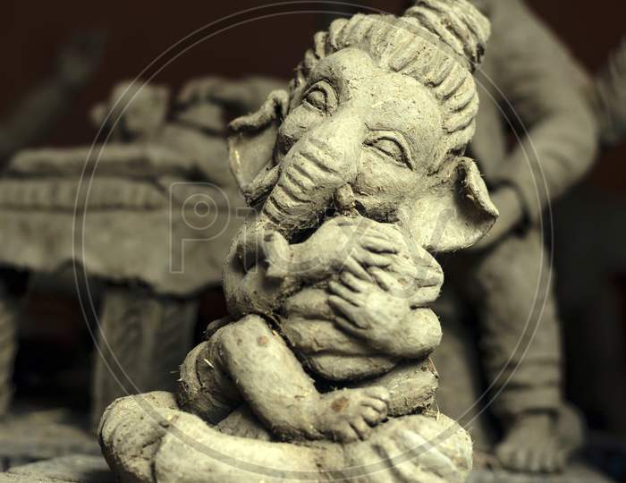Closeup of unfinished clay model of Lord Ganesh\Ganesha