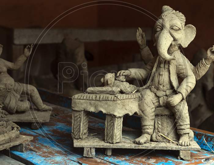 Closeup of unfinished clay model of Lord Ganesh\Ganesha