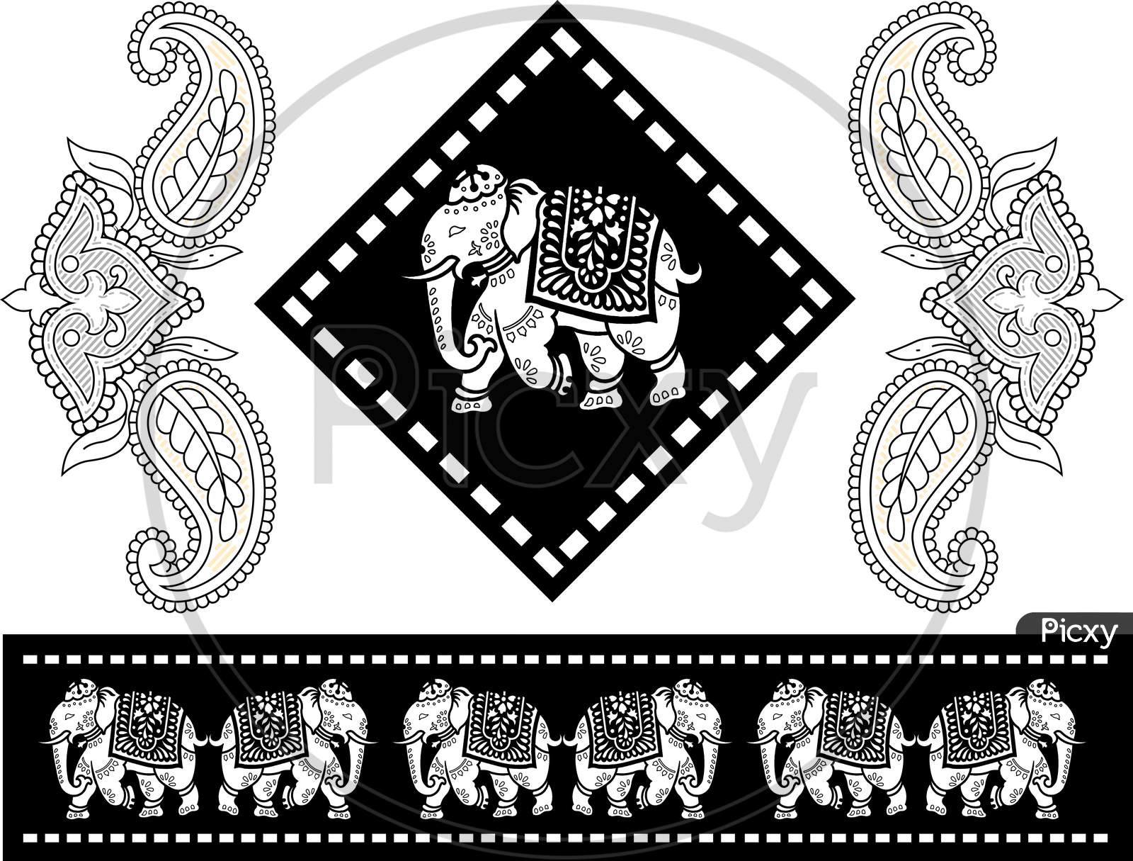 Tribal Pattern Elephant Paisley Design, Royalty Free Cliparts, Stock Illustration With Seamless Border