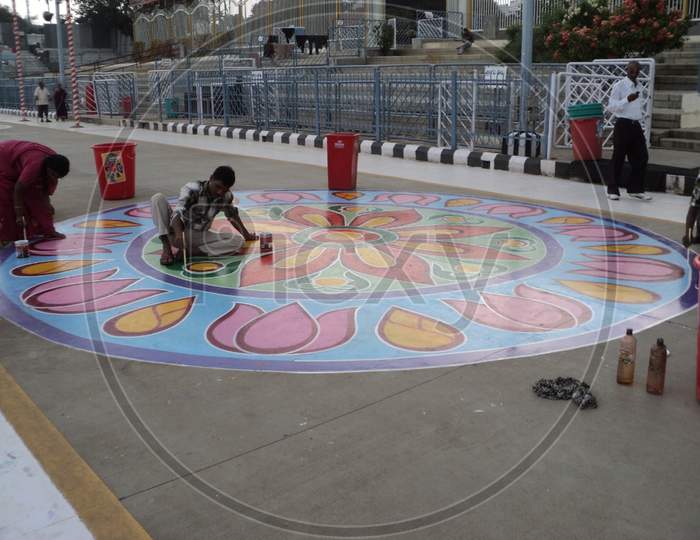 Painting on Road at Tirupati.Its a Editorial Photo don't use it as a commercial photo.