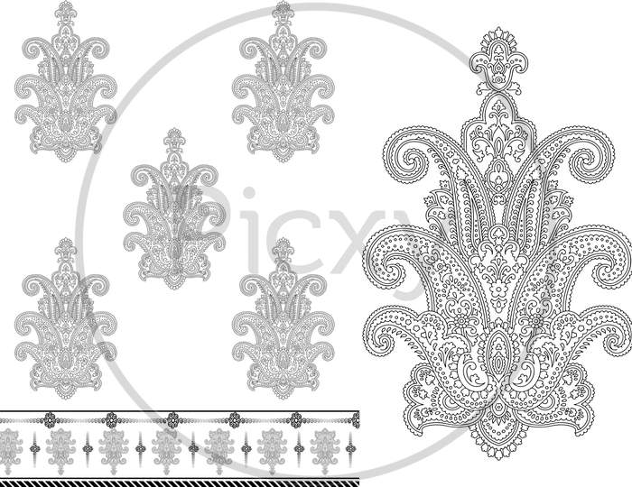 Decorative Paisley Design, Floral Indian Pattern Royalty Free Cliparts, Stock Illustration With Seamless Border