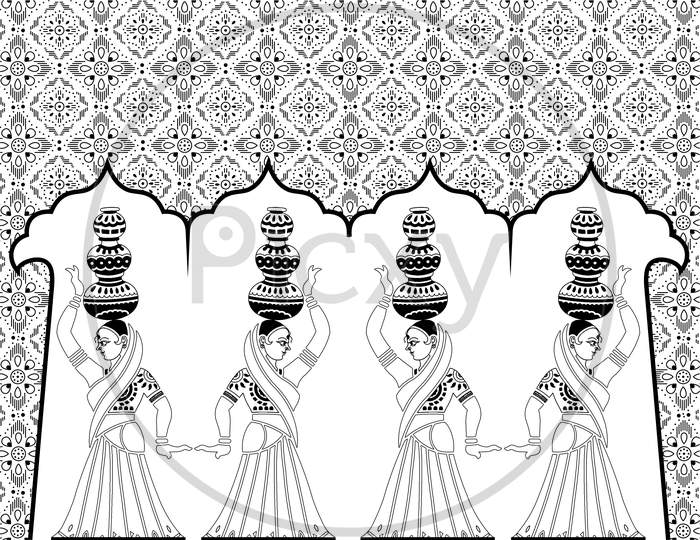 Tribal Pattern Women Paisley Design, Royalty Free Cliparts, Stock Illustration With Seamless Border