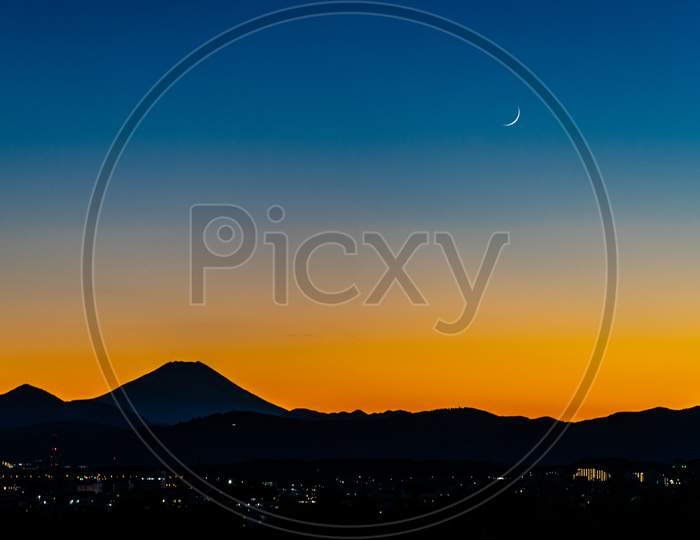 Silhouette Of Mount Fuji And The Crescent