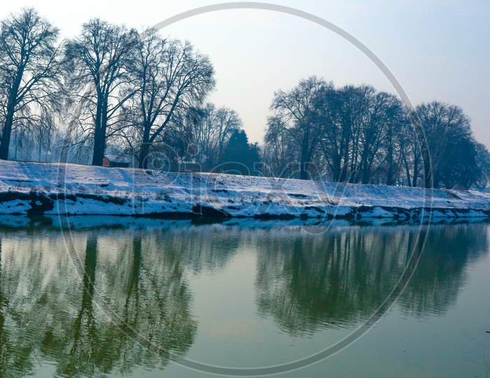 A beautiful view of snow covered river jehlim at Srinagar Kashmir