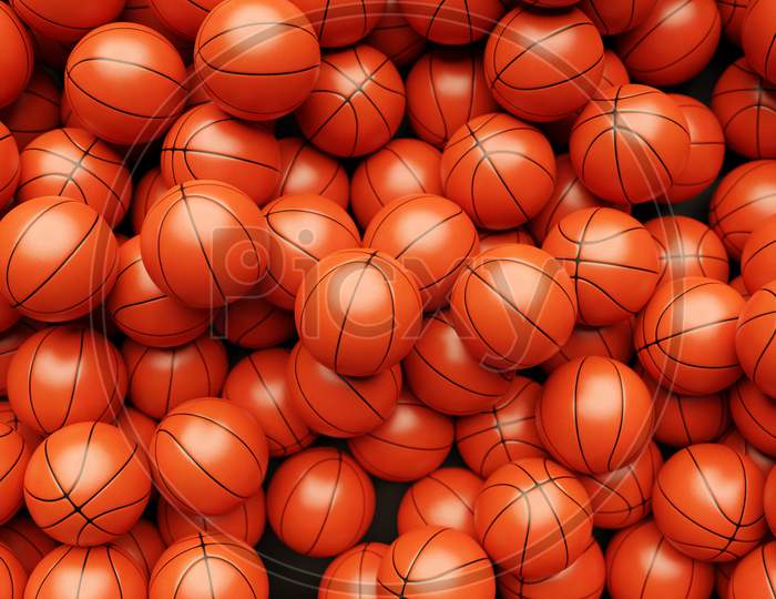 3D Render Of Basketball Background.  A Lot Of Orange Basketball Balls, Top View. Sport Concept