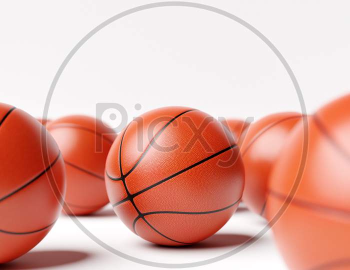 3D Illustration Of Basketball Balls. A Lot Of Orange Basketball Balls Lie On A White Isolated Background. Realistic Render With Sport Swords