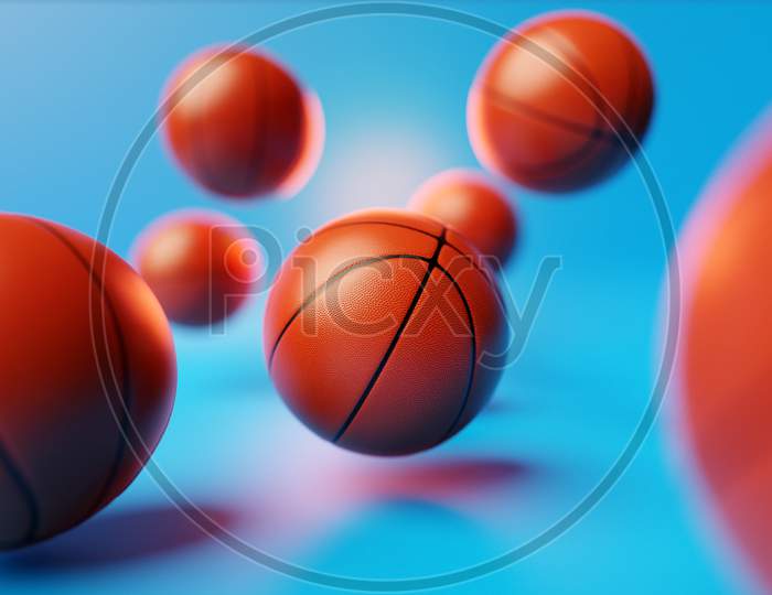 3D Illustration Of Basketball Balls. A Lot Of Orange Basketball Balls Are Flying On A Blue Isolated Background. Realistic Render With Sport Balls
