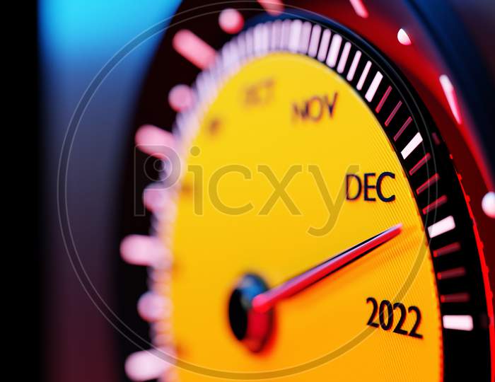 3D Illustration Close Up Black Speedometer With Cutoffs 2021,2022 And Calendar Months. The Concept Of The New Year And Christmas In The Automotive Field. Counting Months, Time Until The New Year
