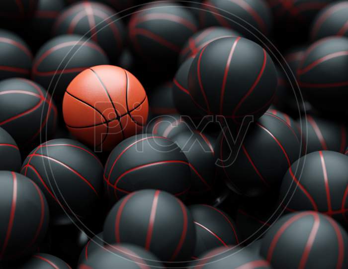 3D Illustration Of Basketball Balls. One Orange Basketball Lies Among The Black Balls. Concept Of One Among Strangers