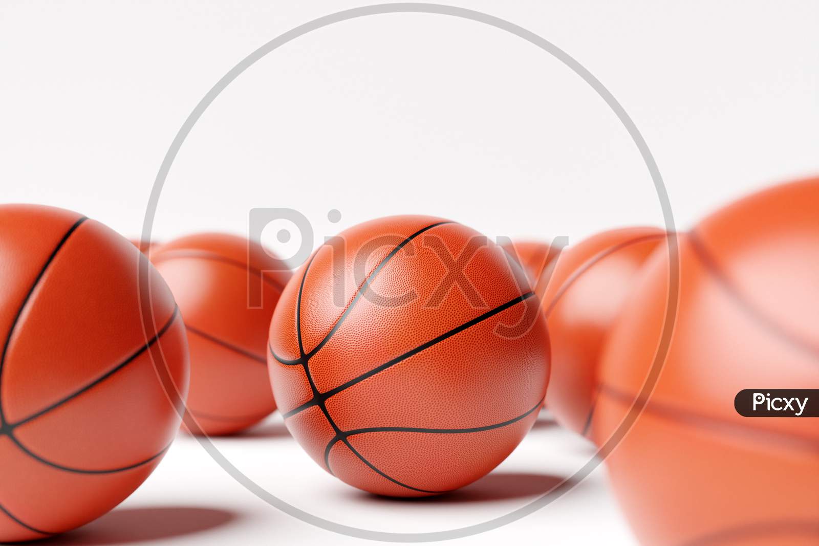 3D Illustration Of Basketball Balls. A Lot Of Orange Basketball Balls Lie On A White Isolated Background. Realistic Render With Sport Swords
