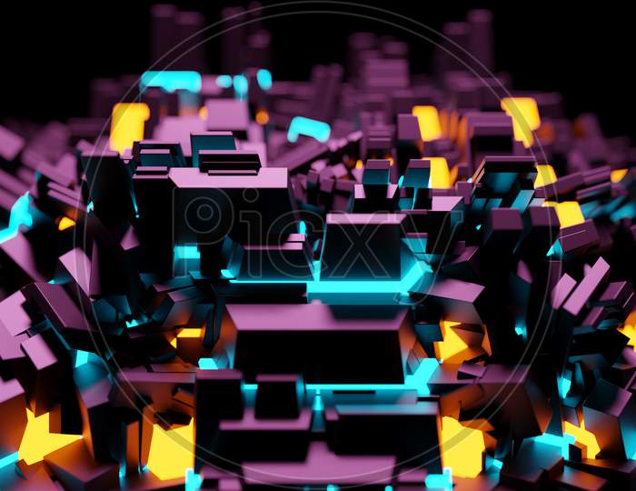 3D Illustration Of A Pattern In The Form Of Metal, Technological Plating Of A Spaceship Or A Robot. Abstract Graphics In The Style Of Computer Games. Close-Up Of Multicolored Glowing Cyber Armor On Neon Lights