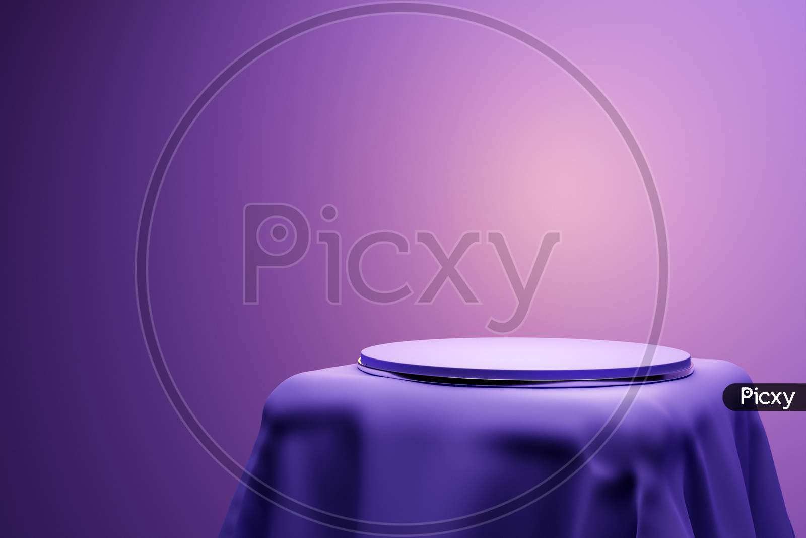 3D Illustration Of A Scene From A Circle On A Pedestal Under A Purple  Cloth  On A Monocrome Background. A Close-Up Of A White Round  Pedestal.