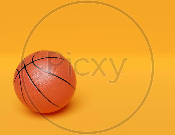 3D Illustration Of Classic Orange Basketball Ball With Stripes On Yellow Isolated Background