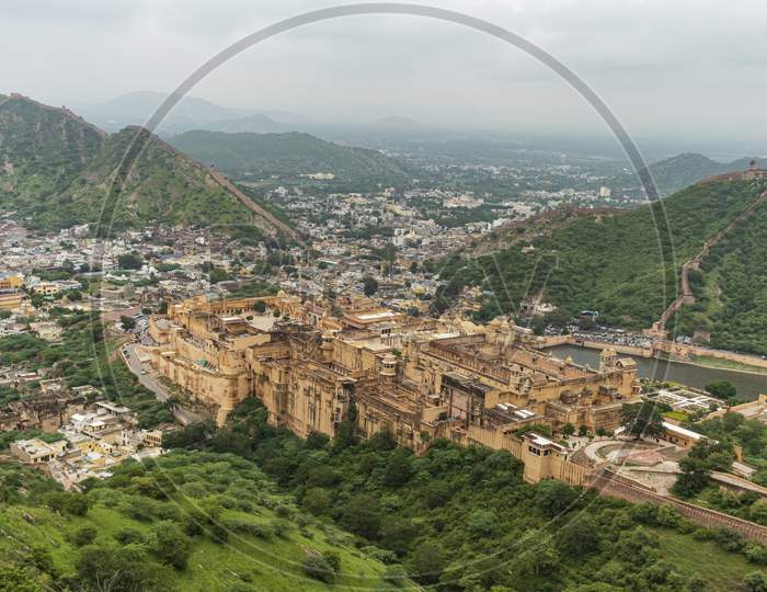 Amber Fort Or Amer Fort In Jaipur, India. Mughal Architecture Medieval Fort Made Of Yellow Sandstone. Architecture Of India. Aerial View From Jaigarh Fort.