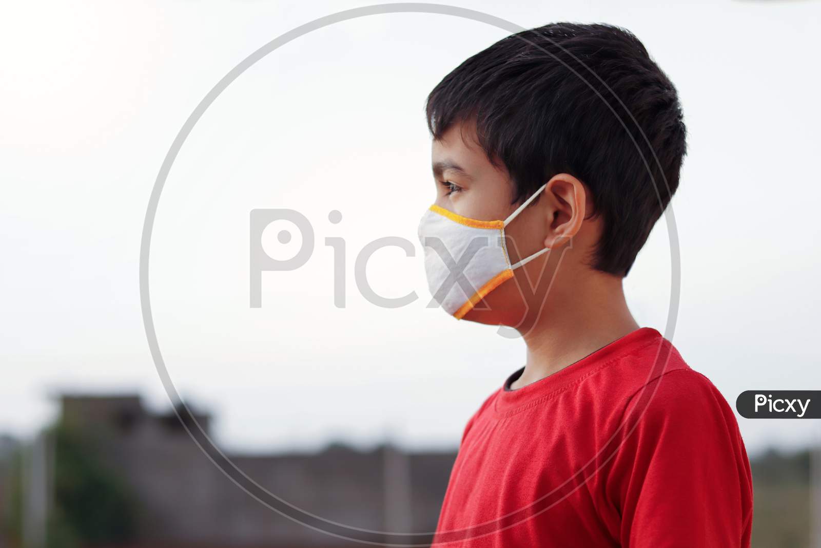 Little Indian Cute Boy Wearing Mask During Corona Virus And Flu Outbreak. Mask For Corona Virus Prevention.