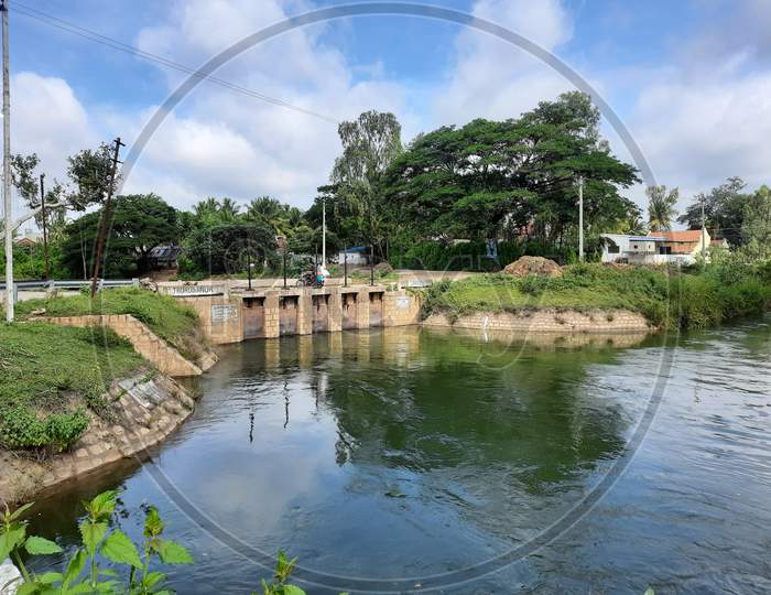Beautiful View Of Kaveri River Distributing To Different Villages Through Small Dam Opening A Gate Near Village Thuruganur