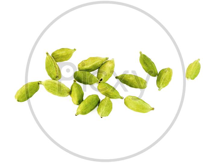 Dried cardamom seeds isolated on white background.