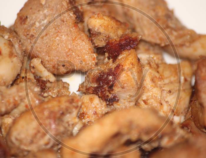 Macro Closeup With Selective Focus On Grilled Chicken Meat Steaks.