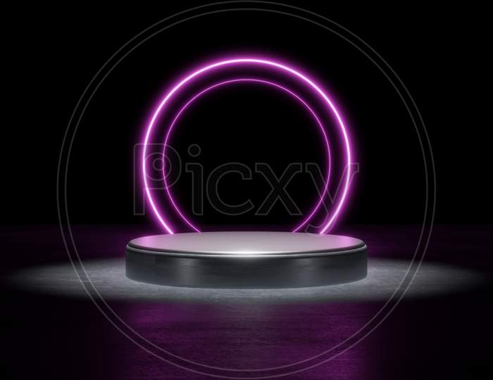 Purple Neon Light Product Background Stage Or Podium Pedestal On Grunge Street Floor With Glow Spotlight And Blank Display Platform. 3D Illustration Rendering