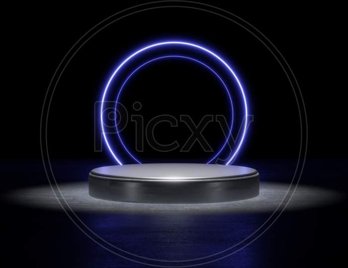 Blue Neon Light Product Background Stage Or Podium Pedestal On Grunge Street Floor With Glow Spotlight And Blank Display Platform. 3D Illustration Rendering