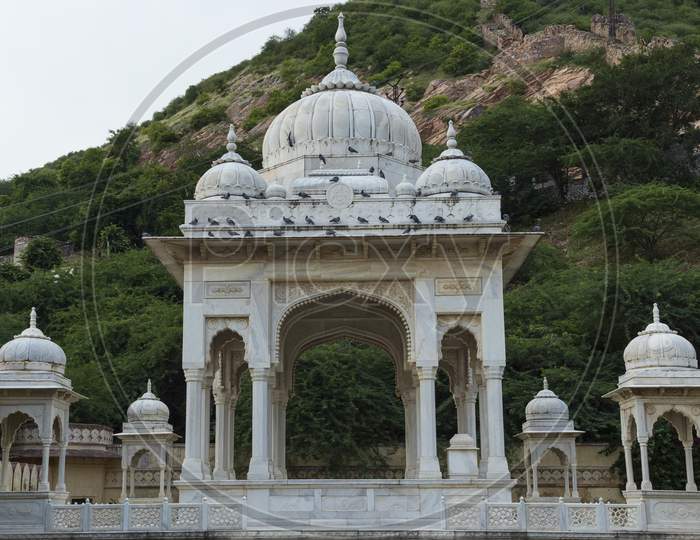 Amazing View Of Memorial Grounds To Maharaja Sawai Mansingh Ii And Family Constructed Of Marble. Gatore Ki Chhatriyan, Jaipur, Rajasthan, India.