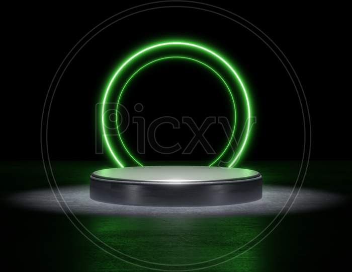 Green Neon Light Product Background Stage Or Podium Pedestal On Grunge Street Floor With Glow Spotlight And Blank Display Platform. 3D Illustration Rendering