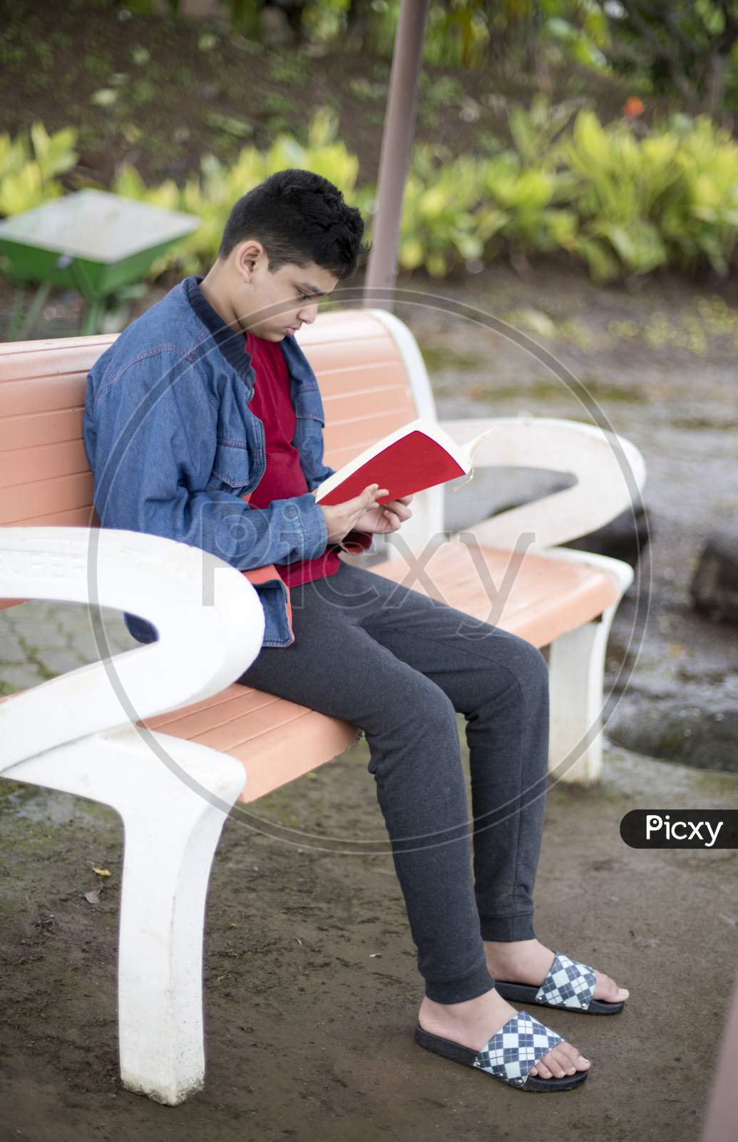 Young Boy Sitting On A Bench And Reading A Book