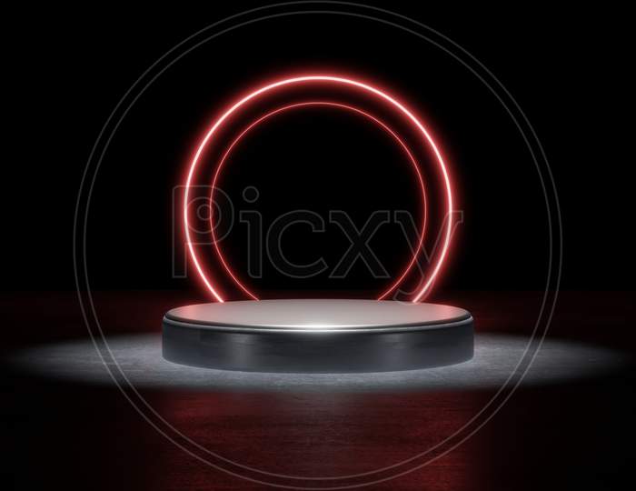 Red Neon Light Product Background Stage Or Podium Pedestal On Grunge Street Floor With Glow Spotlight And Blank Display Platform. 3D Illustration Rendering