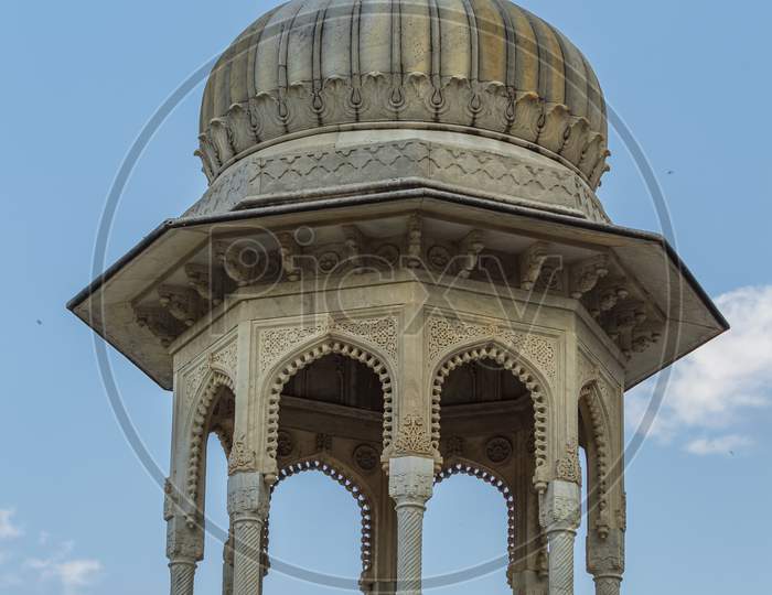 Amazing View Of Memorial Grounds To Maharaja Sawai Mansingh Ii And Family Constructed Of Marble. Gatore Ki Chhatriyan, Jaipur, Rajasthan, India.