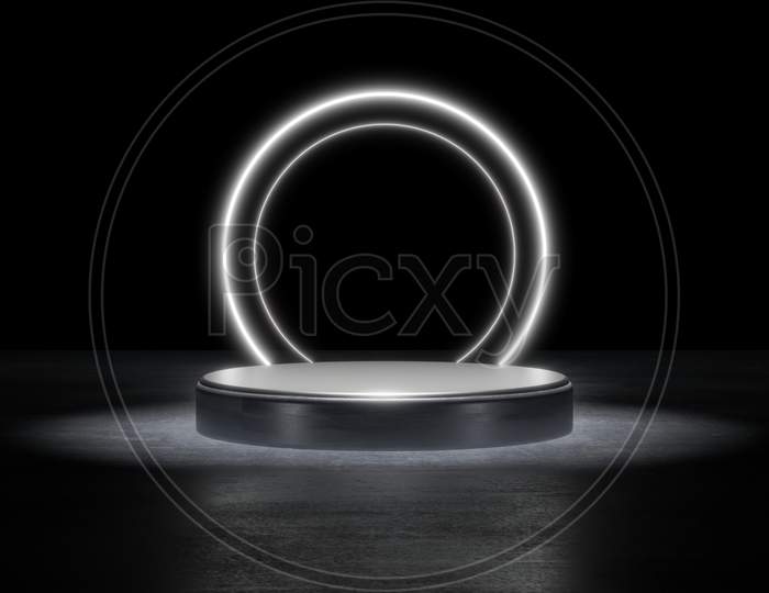 White Neon Light Product Background Stage Or Podium Pedestal On Grunge Street Floor With Glow Spotlight And Blank Display Platform. 3D Illustration Rendering