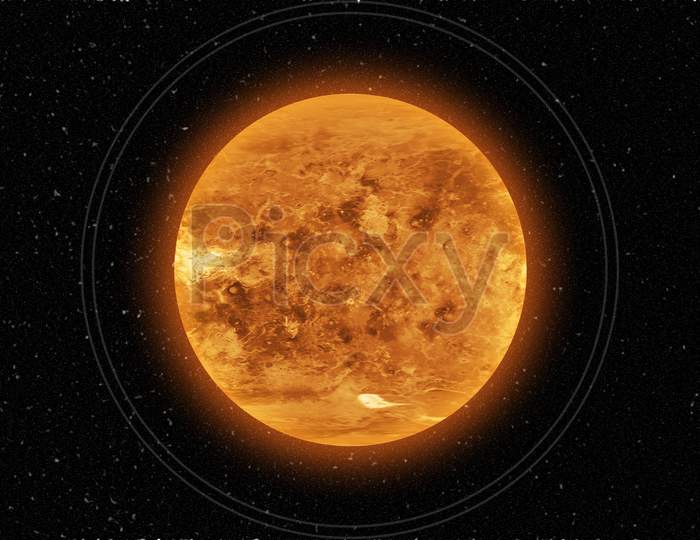 Venus surface. Venus in 360-degree rotation. Realistic 3D render of Venus and stars.