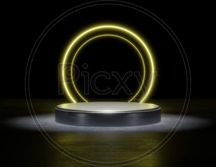 Yellow Neon Light Product Background Stage Or Podium Pedestal On Grunge Street Floor With Glow Spotlight And Blank Display Platform. 3D Illustration Rendering