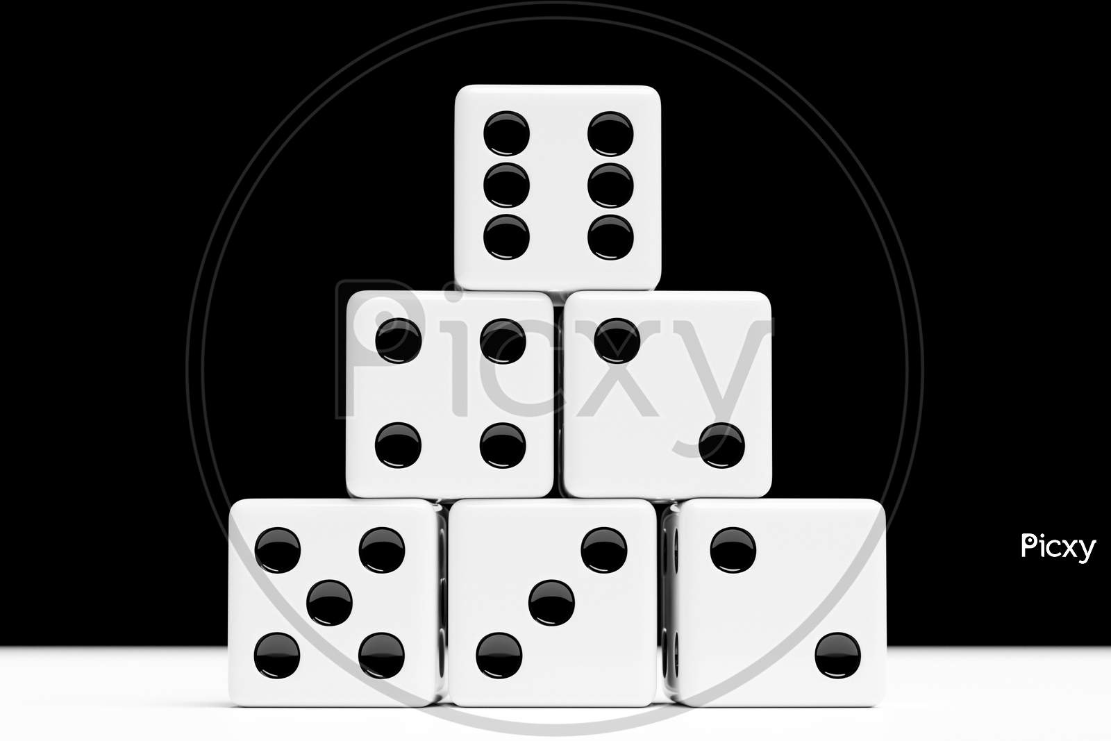 3D Illustration Set Of Game Dice, Isolated On Black Background. Dice Design From One To Six.