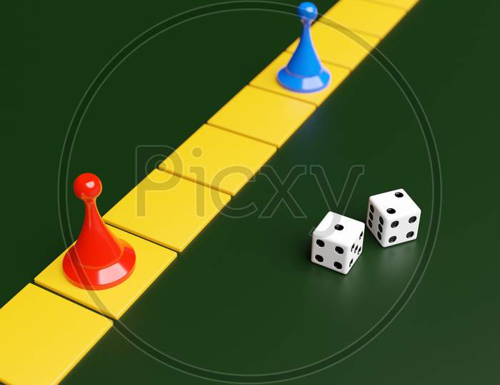 Blue And Red Game Pieces And Two Dice: Entertainment, Home Games For The Whole Family, Board Games Concept. Board Game.