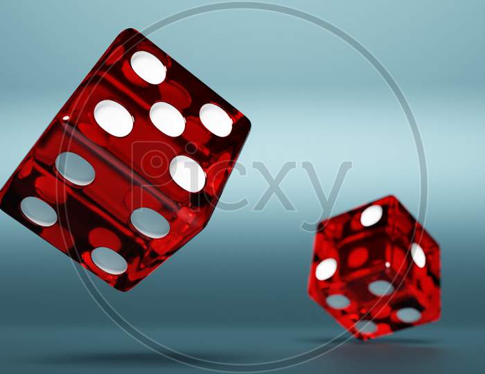 3D Illustration Closeup Of A Pair Of Red Dices Over  Blue Background. Red Dice In Flight. Casino Gambling.