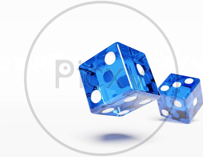 3D Illustration Closeup Of A Pair Of Blue  Dices Over White Background. Blue Dice In Flight. Casino Gambling.