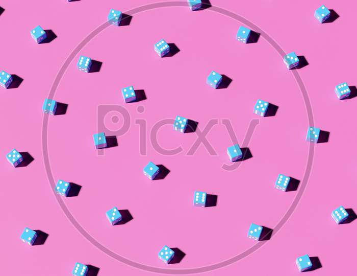 3D Illustration Set Of Game Dice, Isolated On Pink Background. Dice Design From One To Six.