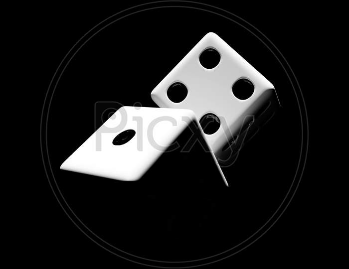 3D Illustration Closeup Of A Pair Of White Dices Over Black Background.White Dice In Flight. Casino Gambling.