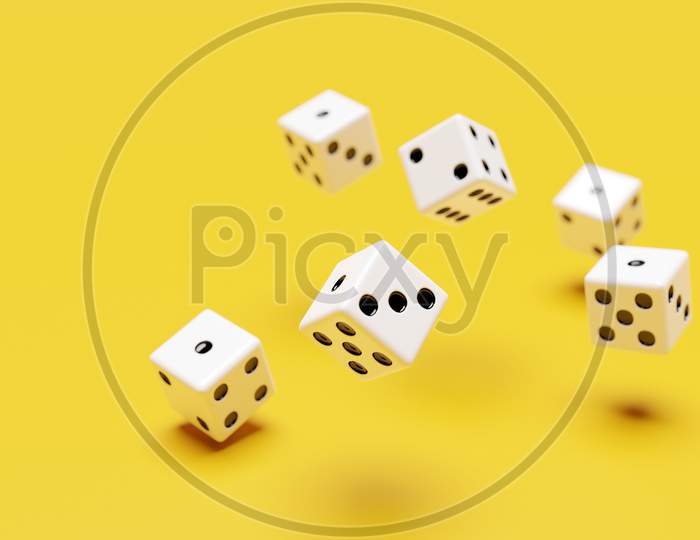 White Dice  Fly On Yellow Background . Two Dice Casino Game Template Concept. Casino Background.