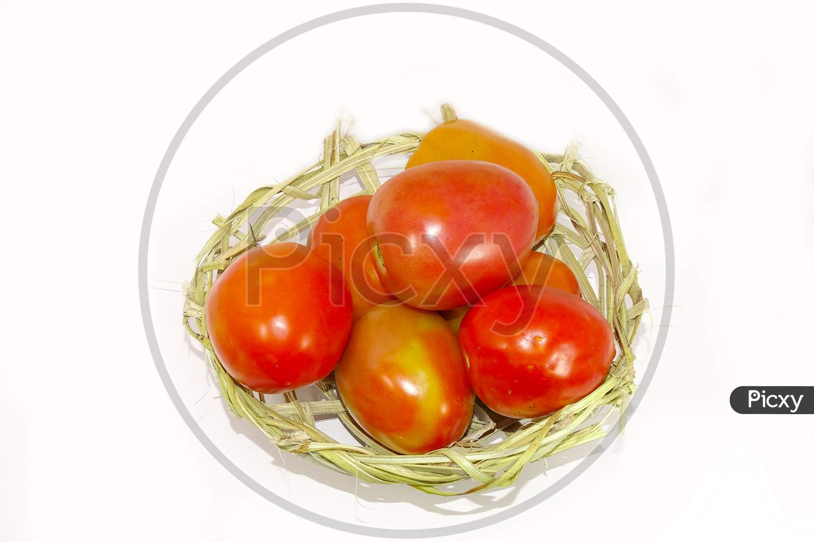 Fresh red tomatoes in basket isolated on white background.