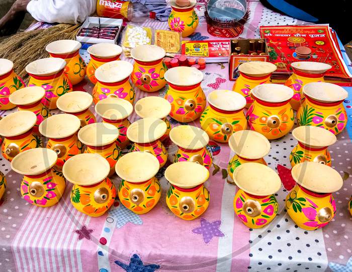 Colourful Clay Pots At Shop For Sell , Diwali Preparation In India