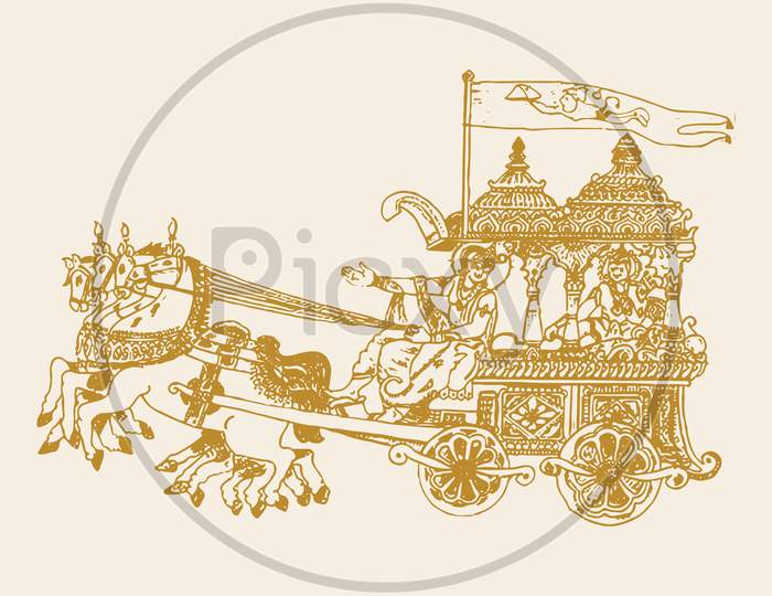 Sketch Of Lord Krishna Telling Bhagavad Gita To Arjuna In Kurukshetra War Field In Horse Chariot Editable Outline Illustration