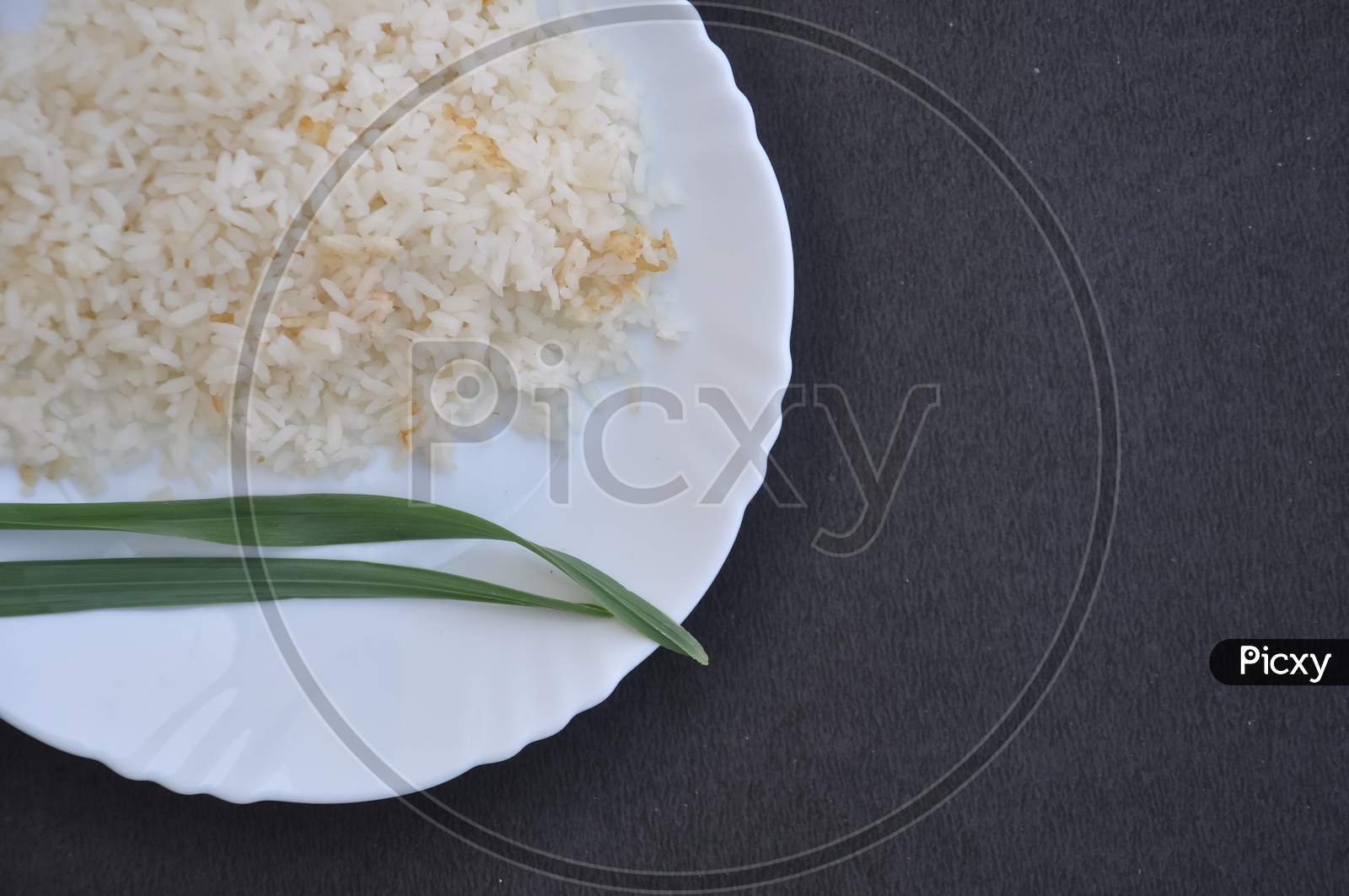 High angle view of rice in white plate isolated over black background with copy space